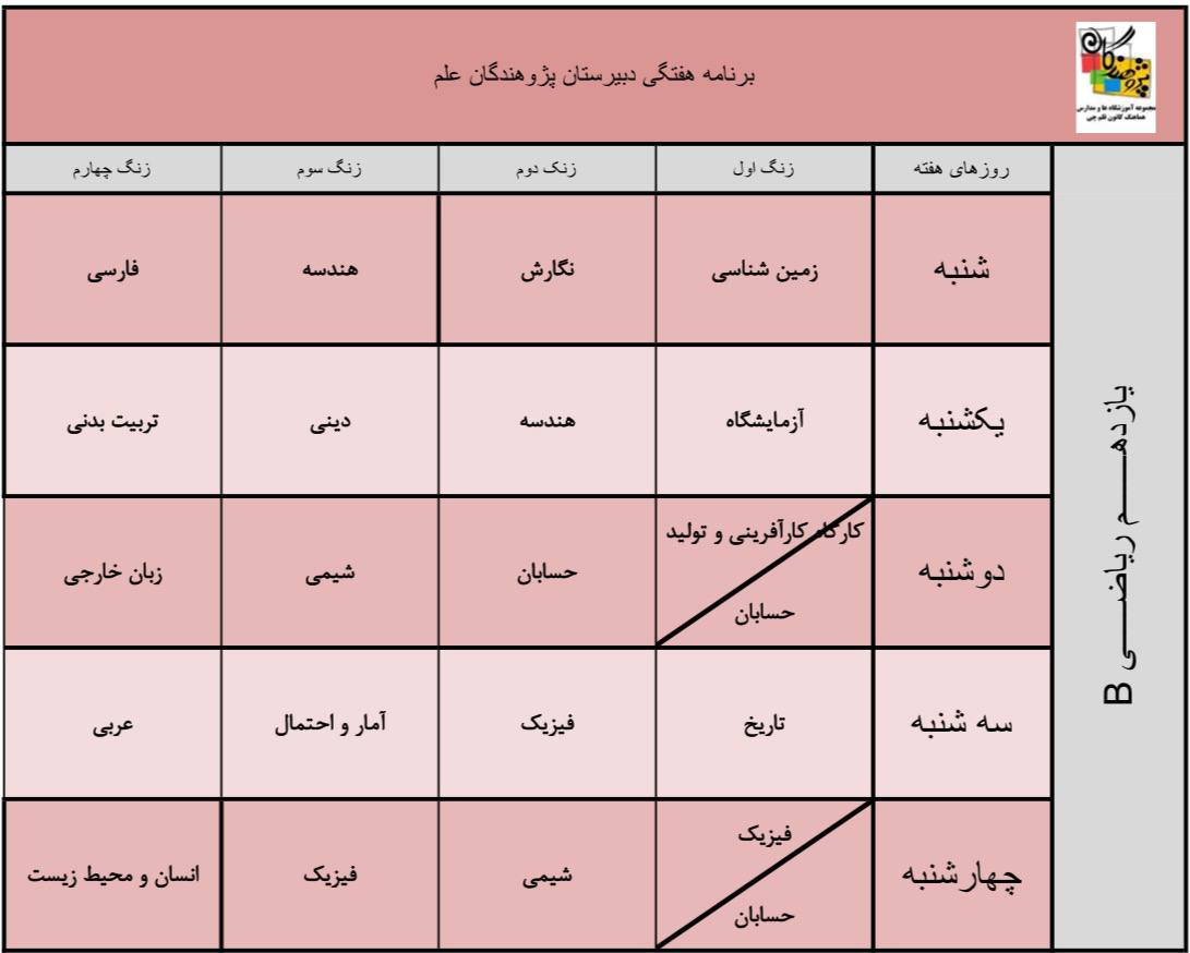 برنامه هفتگی پایه یازدهم ریاضی b